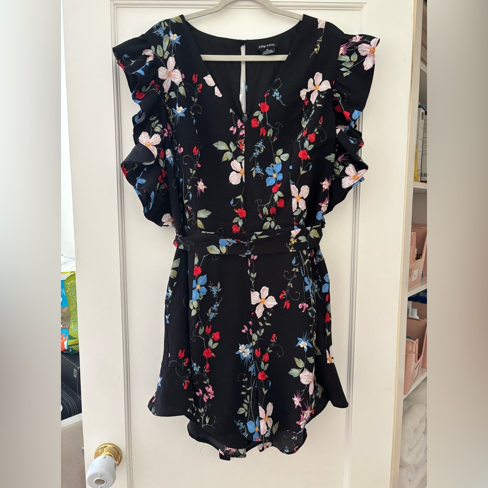 City Chic Black Romper with Colorful Floral Design
